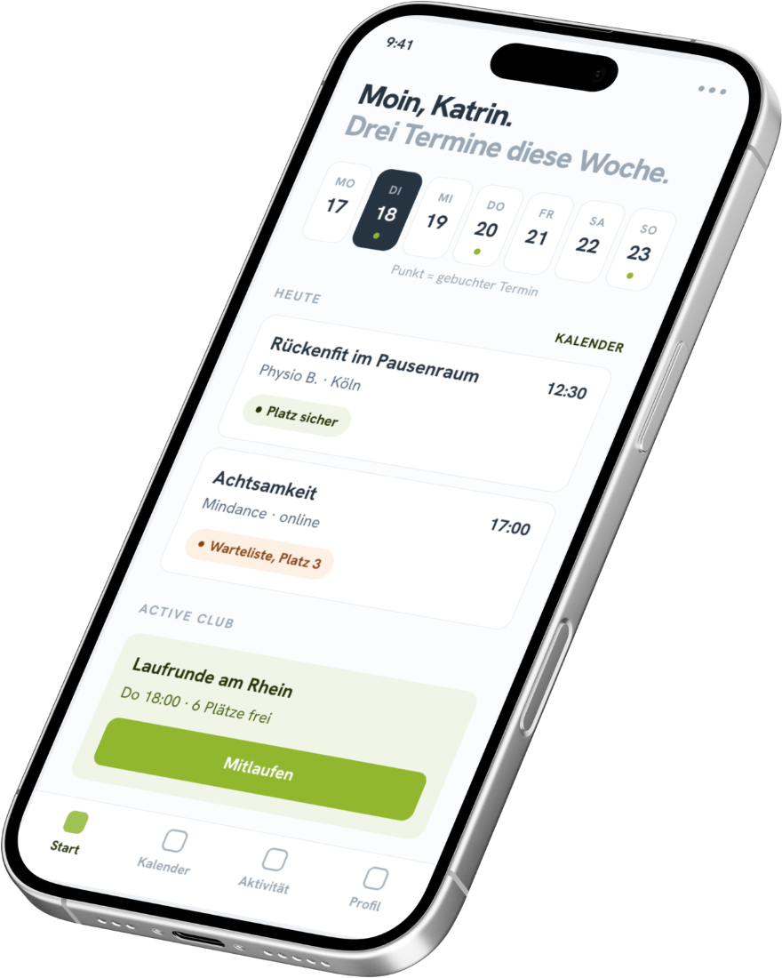 Mitarbeiter-App: Wochenübersicht mit gebuchten Terminen, Kursen und Active Club